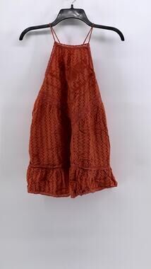 ATTIC SALT Women's Orange Square Print Embroidered Lace-Trim Sleeveless Top SZ S